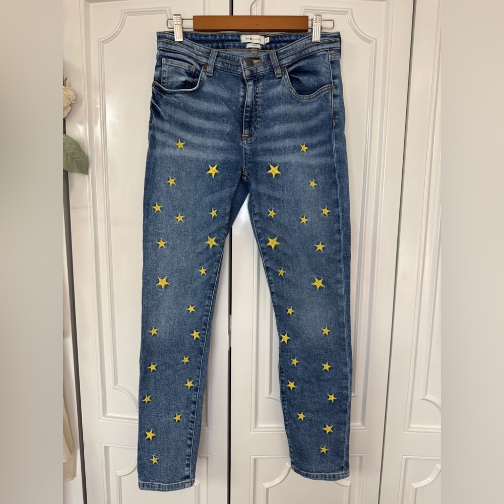 MM Vintage Women's Blue Skinny Jeans with Yellow Star Embroidery Zip Ankles